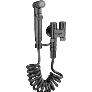 LLAVE DE AGUJA ANGULAR DOBLE CON ROCIADOR BIDÉ GUN METAL