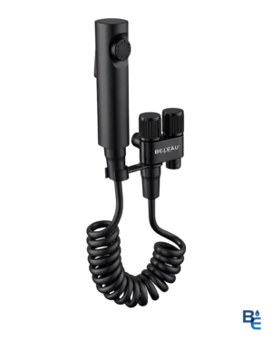 LLAVE ANGULAR DOBLE CON MANGUERA DUCHADOR NEGRO