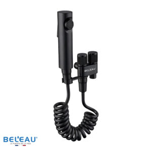 LLAVE ANGULAR DOBLE CON MANGUERA DUCHADOR NEGRO